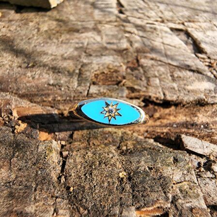 Ala Turkuaz Mineli Kutup Yıldızlı Oval Mühür Minimal Tasarım Estetik Modern 14 Ayar Altın Yüzük