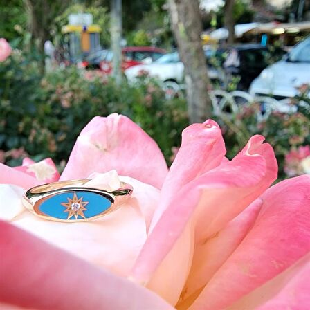 Ala Turkuaz Mineli Kutup Yıldızlı Oval Mühür Minimal Tasarım Estetik Modern 14 Ayar Altın Yüzük