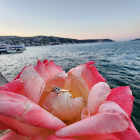 Love Kalp Tektaş Minimal Estetik 14 Ayar Altın Yüzük-Hediye Tektaş Düz Kol Minik Taşlı Altın Yüzük