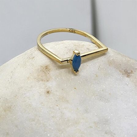 Ahududu 0,40CT Mekik Firuze Taşlı Kare Kol Tasarım 14 Ayar Altın Hediye Kadın Tektaş Gümüş Yüzük