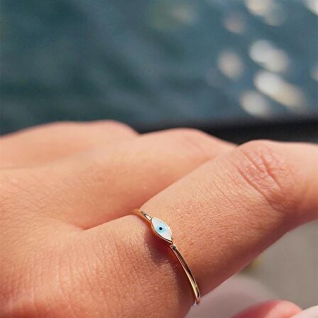 Mekik Beyaz Mineli Göz Altın Yüzük- Minimal Tektaş Tasarım Tarz Estetik Nazar Boncuğu Altın Yüzük