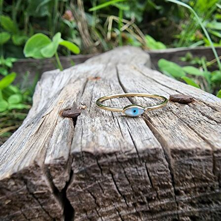 Mekik Beyaz Mineli Göz Altın Yüzük- Minimal Tektaş Tasarım Tarz Estetik Nazar Boncuğu Altın Yüzük