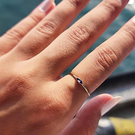 Mekik Lacivert Mineli Göz Altın Yüzük- Minimal Tektaş Tasarım Estetik Nazar Boncuğu Altın Yüzük