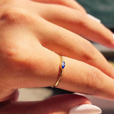 Mekik Lacivert Mineli Göz Altın Yüzük- Minimal Tektaş Tasarım Estetik Nazar Boncuğu Altın Yüzük