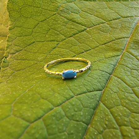 Gümüş Yüzük - 0.35 Karat Firuze Taşlı Eskitme Minimal Tasarım 925 Ayar Gümüş Yüzük - Hediyelik Yüzük