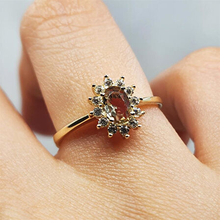 1,05CT Zultanit 0,30CT Pırlanta(Signty) Taşlı Anturajlı Vintage Tasarım Modern 925 Ayar Gümüş Yüzük