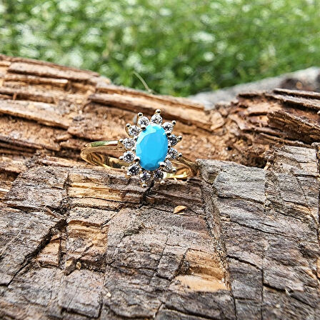 Gümüş Yüzük - 1.05 CT Firuze 0.30 CT Swarovski Taşlı Anturajlı Vintage Tasarım  925 Ayar Gümüş Yüzük