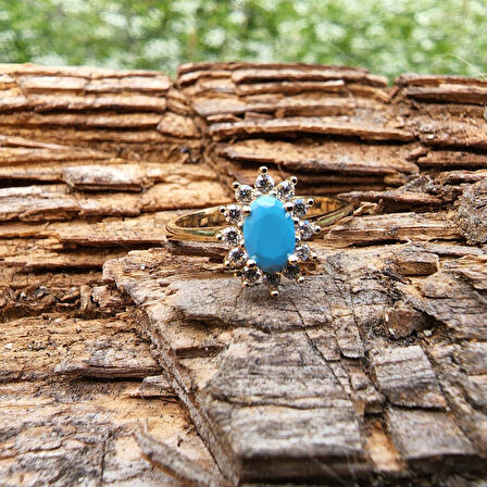 Gümüş Yüzük - 1.05 CT Firuze 0.30 CT Swarovski Taşlı Anturajlı Vintage Tasarım  925 Ayar Gümüş Yüzük