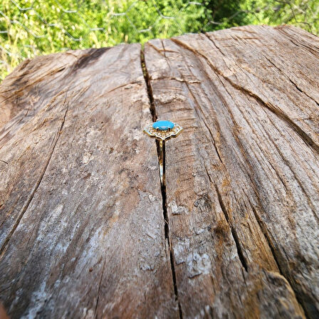 Gümüş Yüzük - 0.80 Karat Pırlanta Montörü Firuze Taşlı Tasarım Evlilik Teklifi 925 Ayar Gümüş Yüzük