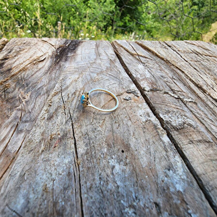 Gümüş Yüzük - 0.80 Karat Pırlanta Montörü Firuze Taşlı Tasarım Evlilik Teklifi 925 Ayar Gümüş Yüzük