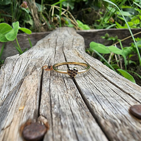 Gümüş Yüzük - Love Kalp Şampanya Renkli Minimal Gümüş Yüzük-Hediye Düz Kol Minik Taşlı Gümüş Yüzük