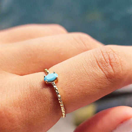 Gümüş Yüzük - 0.50CT Firuze Taşlı Dövülü Eskitme Tektaş Gümüş Yüzük - Hediye Gümüş Eskitme Yüzük 