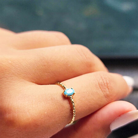 Gümüş Yüzük - 0.50CT Firuze Taşlı Dövülü Eskitme Tektaş Gümüş Yüzük - Hediye Gümüş Eskitme Yüzük 