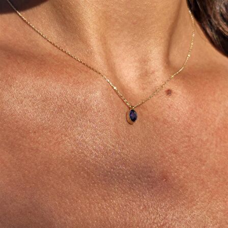 0,50 CT Safir (Mavi) Sade Minimal Tasarım Tarz 925 Ayar Gümüş Doğal Taşlı Kolye-Zümrüt Kolye Gümüş