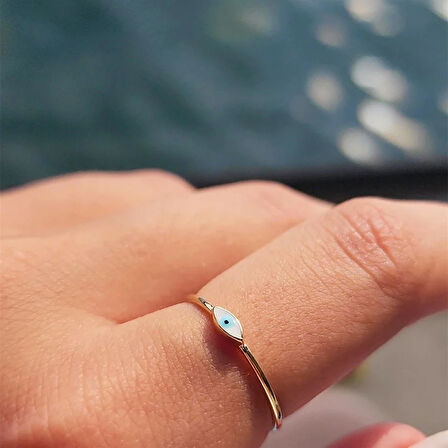 Gümüş Yüzük - Mekik Beyaz Mineli Göz Gümüş Yüzük - Minimal Tektaş Tasarım Nazar Boncuğu Gümüş Yüzük