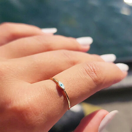 Gümüş Yüzük - Mekik Beyaz Mineli Göz Gümüş Yüzük - Minimal Tektaş Tasarım Nazar Boncuğu Gümüş Yüzük