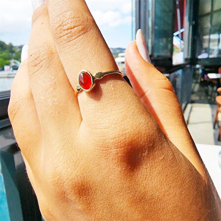 Kırmızı Akik Taşlı Tek Taş Evlilik Teklifi Yüzüğü-0.90 Karat Kristal Opal 14 Ayar Altın Yüzük