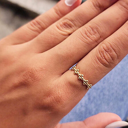 Minimal Altın Yüzük - 14 Ayar Altın Sıralı Üç Top Taşsız Minimal Kadın Yüzük - Hediyelik Yüzük