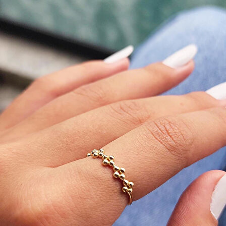 Minimal Altın Yüzük - 14 Ayar Altın Sıralı Üç Top Taşsız Minimal Kadın Yüzük - Hediyelik Yüzük