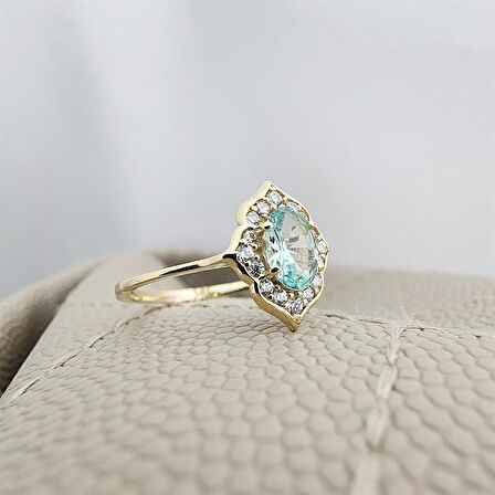 Vintage Su Yeşili Taşlı Altın Evlilik Teklifi Hediye 14 Ayar Altın Yüzük 