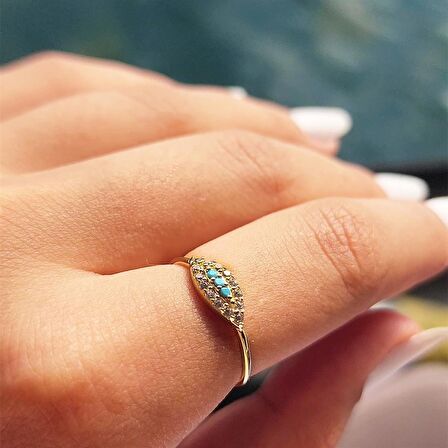 Minimal Mekik Signity Swaroski Firuze Taşlı Fantezi Şans 14 Ayar Altın Tasarım Yüzük