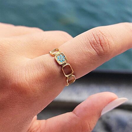 Kapalıçarşı Kare Sıralı Firuze Taşlı 14 Ayar Tasarım Altın Yüzük