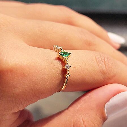 Mekik Taşlı Zümrüt Angola Fantezi 14 Ayar Altın Yüzük