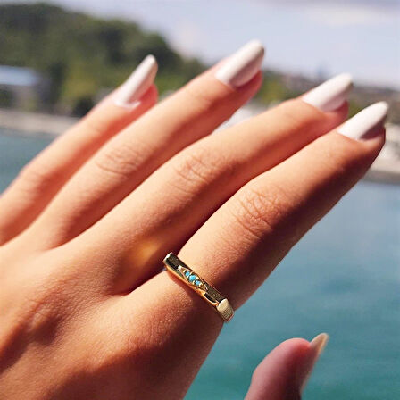 Gümüş Yüzük - Love Çizgi Firuze Taşlı Stil 925 Ayar Gümüş Yüzük