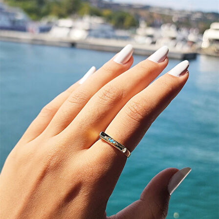 Gümüş Yüzük - Love Çizgi Firuze Taşlı Stil 925 Ayar Gümüş Yüzük