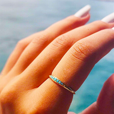 Gümüş Yüzük - Minimal Badem Firuze Sıra Taşlı 925 Ayar Gümüş Alyans