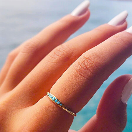 Gümüş Yüzük - Minimal Badem Firuze Sıra Taşlı 925 Ayar Gümüş Alyans