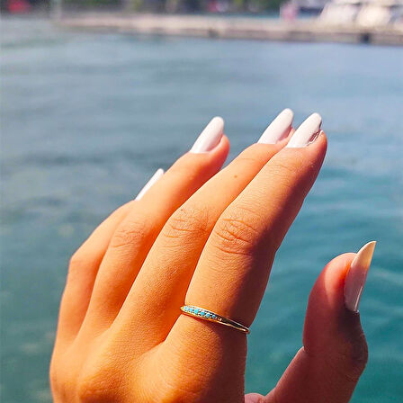 Gümüş Yüzük - Minimal Badem Firuze Sıra Taşlı 925 Ayar Gümüş Alyans