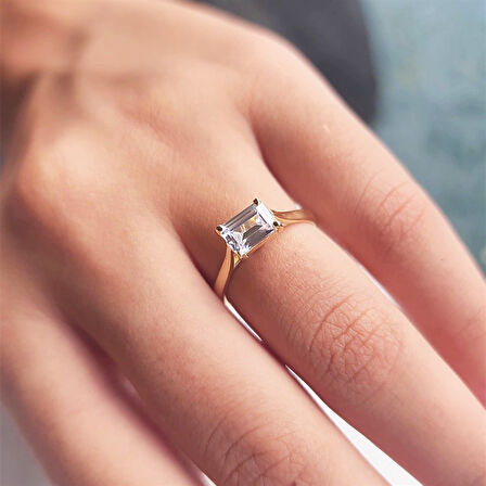 Gümüş Yüzük - 1.10 Ct Pırlanta Swarovski Taşlı Octagon Tektaş 925 Ayar Gümüş Evlilik Teklifi Yüzüğü