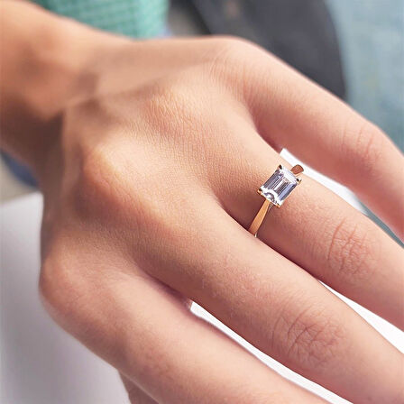 Gümüş Yüzük - 1.10 Ct Pırlanta Swarovski Taşlı Octagon Tektaş 925 Ayar Gümüş Evlilik Teklifi Yüzüğü