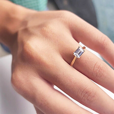 Gümüş Yüzük - 1.10 Ct Pırlanta Swarovski Taşlı Octagon Tektaş 925 Ayar Gümüş Evlilik Teklifi Yüzüğü