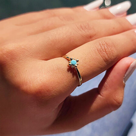 Gümüş Yüzük - 0.25 Karat Pırlanta Firuze Taşlı Güverseli 925 Ayar Gümüş Tek Taş Yüzük