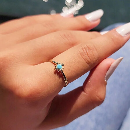 Gümüş Yüzük - 0.25 Karat Pırlanta Firuze Taşlı Güverseli 925 Ayar Gümüş Tek Taş Yüzük