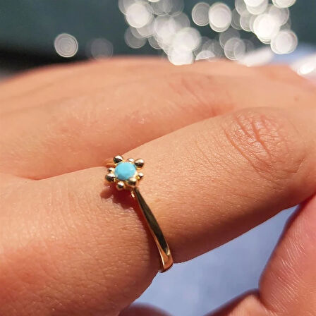 Gümüş Yüzük - 0.25 Karat Pırlanta Firuze Taşlı Güverseli 925 Ayar Gümüş Tek Taş Yüzük