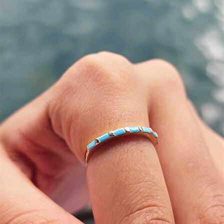 Gümüş Yüzük - Firuze Taşlı Sıralı Baget Modern 925 Ayar Gümüş Alyans-Modern Eklem Yüzüğü