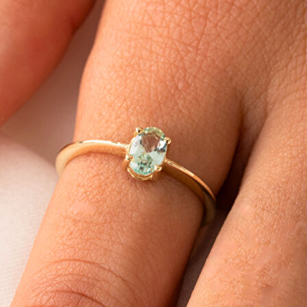 Gümüş Yüzük - 0.90 Karat Su Yeşili Tektaş Evlilik Teklifi Swarovski Tektaş 925 Ayar Gümüş Tarz Yüzük