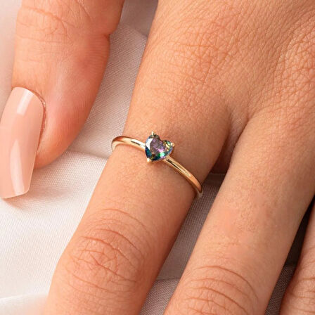 Gümüş Yüzük - 0,60 Karat Mistik Topaz Taşlı Kalp Tektaş Evlilik Teklifi 925 Ayar Gümüş Yüzük