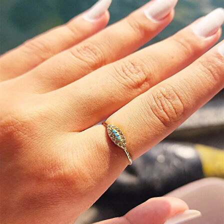 Gümüş Yüzük - Minimal Mekik Signity Swaroski Firuze Taşlı Fantezi Şans 925 Ayar Gümüş Tasarım Yüzük