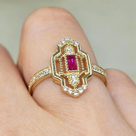 Gümüş Yüzük - Vintage Baget Ruby Taşlı Gündelik Gözde Tasarım Hediye 925 Ayar Gümüş Yüzük