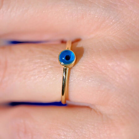 Gümüş Yüzük - Göz Nazar Boncuğu Minimal Tarz Tek Taş 925 Ayar Gümüş Yüzük