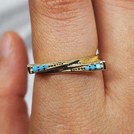 Gümüş Yüzük - Fantezi Firuze Taşlı Gündelik Gösterişli Tasarım 925 Ayar Gümüş Yüzük