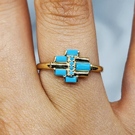 Gümüş Yüzük - Firuze Taşlı Baget Tarz Tasarım 925 Ayar Gümüş Yüzük