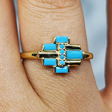 Gümüş Yüzük - Firuze Taşlı Baget Tarz Tasarım 925 Ayar Gümüş Yüzük