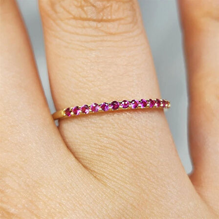 Gümüş Yüzük - 0.25 Karat Ruby Taşlı Yarım Tur Minimal Tasarım 925 Ayar Gümüş Yüzük