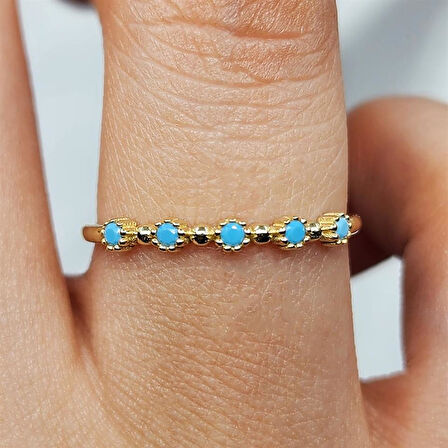 Gümüş Yüzük - Firuze Taşlı Beş Taşlı Minimal Modern Tasarım 925 Ayar Gümüş Yüzük