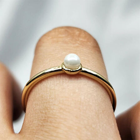 Gümüş Yüzük - İnci Minimal Tasarım Tek Taş 925 Ayar Gümüş Yüzük